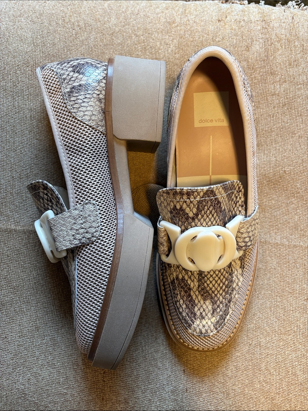 Dolce Vita Taupe Snake-Print Loafers with Cream Buckle Accent